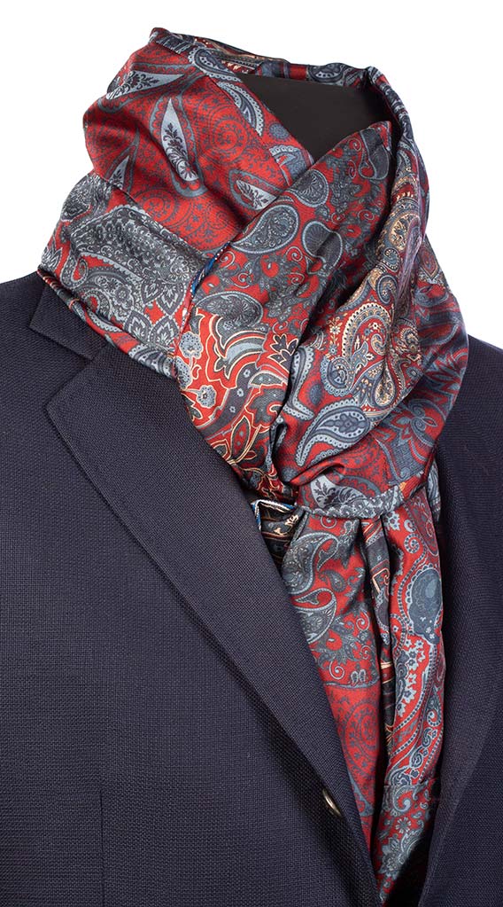 Sciarpa di Seta Rossa Bordeaux Patchwork a Fantasia Paisley Made in Italy Graffeo Cravatte